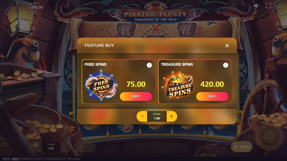 Tampilan visual slot Pirates’ Plenty: Treasures of the Seas dengan tema bajak laut.